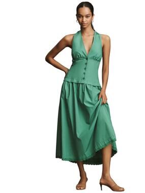 Anthropologie Maeve Halter V Neck Drop Waist Midi Dress Goddess Green NEW L